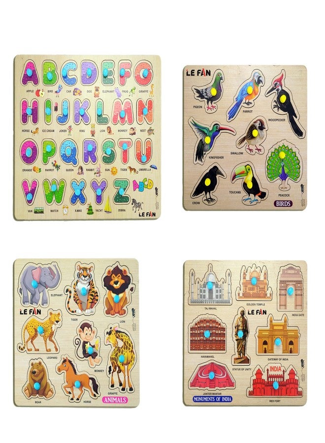 Lefan® Kids Fort Pre Nursery Educational Jigsaw Puzzles for Adults Kids Learning Toys Kit Board Game 4 pcs Set of ABCD Alphabets Birds Animals & Monuments of India Educational Toy - Image 1